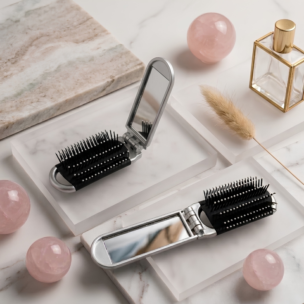2-in-1 Foldable Hair Brush with Mirror - Image 3